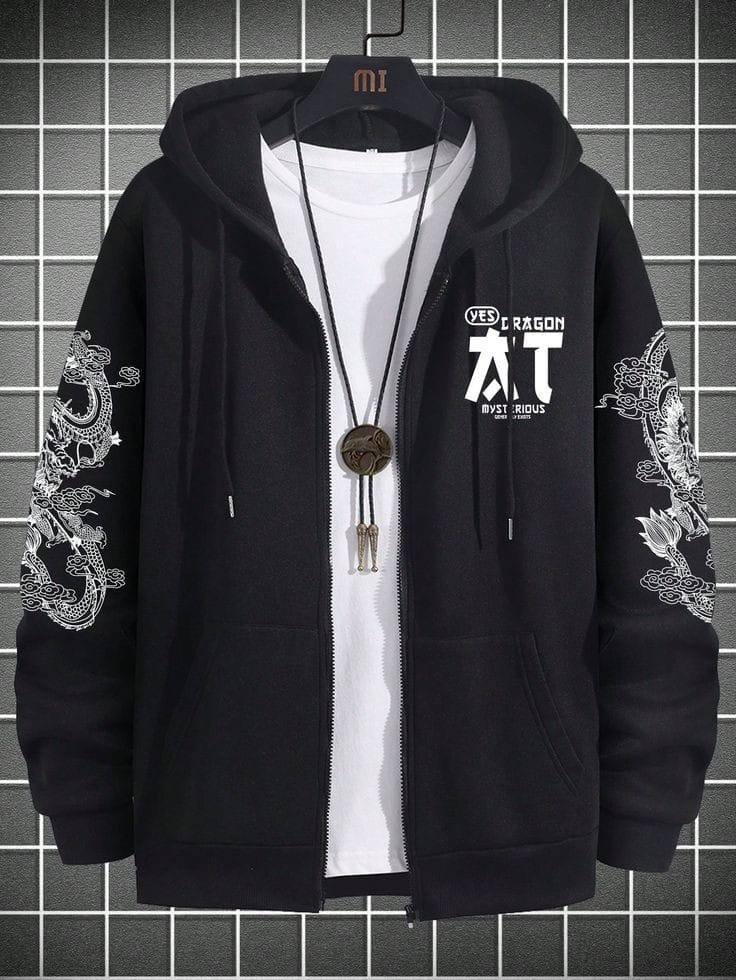 Mens Printed Zip Hoodie - MIRMPZH10 - Black