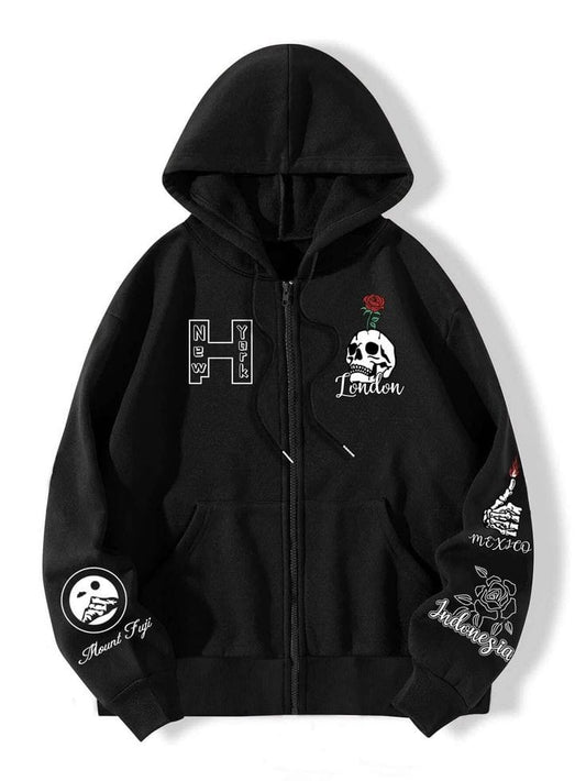 Mens Printed Zip Hoodie - MIRMPZH8 - Black