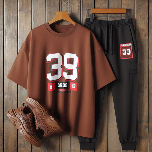 Mens Pants and Drop Shoulder T-Shirt Cotton Set - MMPTS6 - Brown Black