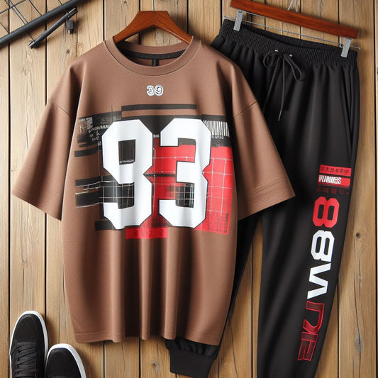 Mens Pants and Drop Shoulder T-Shirt Cotton Set - MMPTS7 - Brown Black