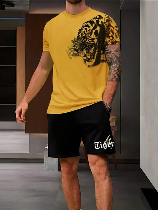 Mens Shorts and T-Shirt Summer Cotton Set - MMSS50 - Yellow Black